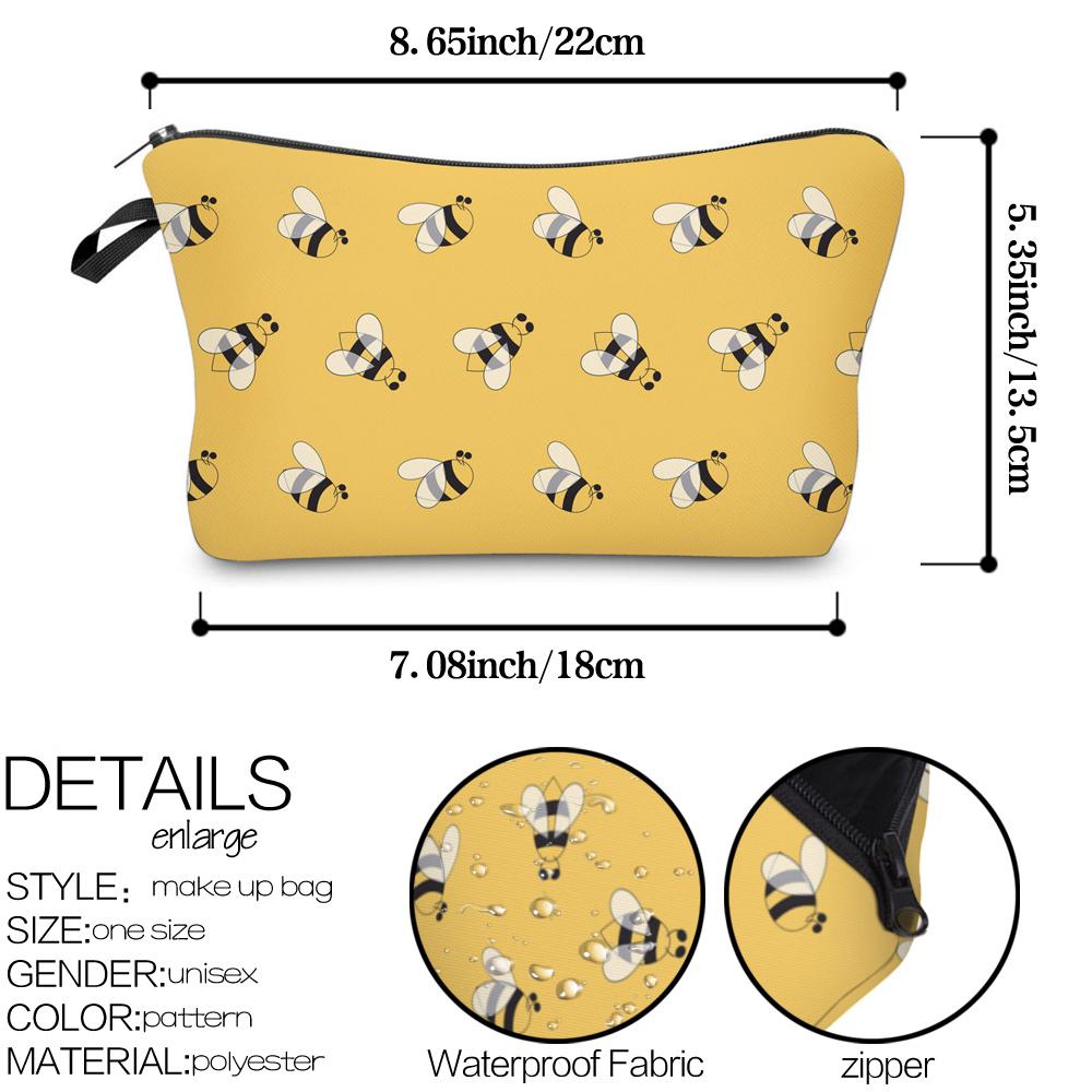 Yellow Cartoon Bee Print Makeup Storage Bag, Cute Portable Zipper Cosmetic Bag, Lightweight Durable Toiletry Bag