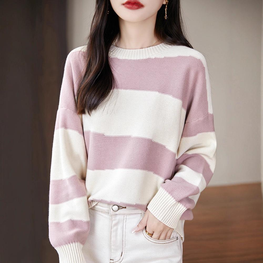 New Autumn and Winter Color-blocking Striped Sweater, Long-sleeved Color-blocking Knitted Retro Loose and Laid-back Top