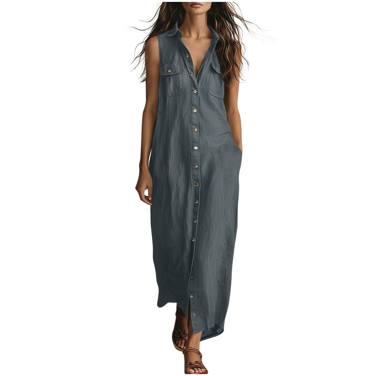 Women s Fashionable Lapel Button Loose Bohemian Vacation Beach Dress With Pockets S
