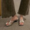 Fashion French High-heeled Niche Slippers for Women's Summer New All-match Outward Wear Square-toe Open-toe Cool Mop
