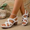 Damen Sandalen mit offenem Zeh und Fersenriemen mit niedrigem Blockabsatz, verstellbarer Schnallenverschluss und perforiertes florales Muster, Leder-Obermaterial, bequemes Fußbett