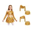 Conjunto de Top Corto Brillante con Lentejuelas, Manga Larga, de Un Hombro y Pantalones Culotte con Volantes en Capas para Niñas, Danza Jazz, Competición de Escenario