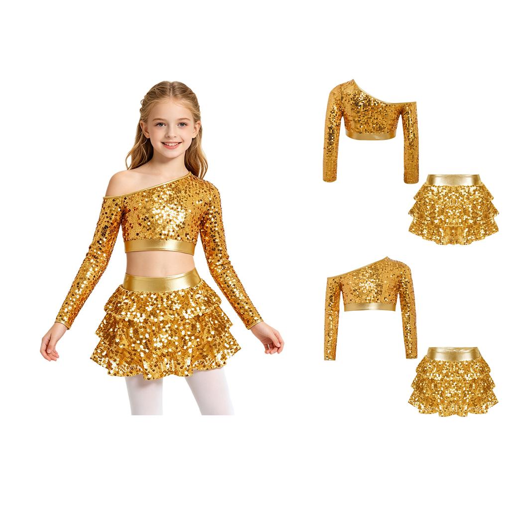 Conjunto de Top Corto Brillante con Lentejuelas, Manga Larga, de Un Hombro y Pantalones Culotte con Volantes en Capas para Niñas, Danza Jazz, Competición de Escenario