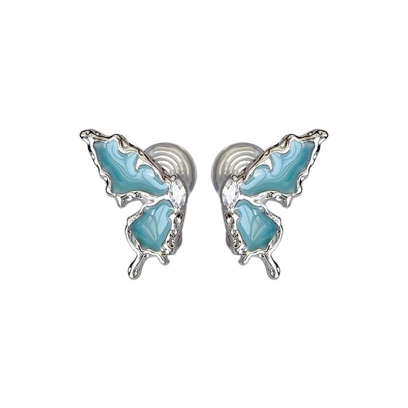Elegant Blue Drip Butterfly Ear Clips for Women - Non-Pierced, Fashionable Mosquito Coil Design