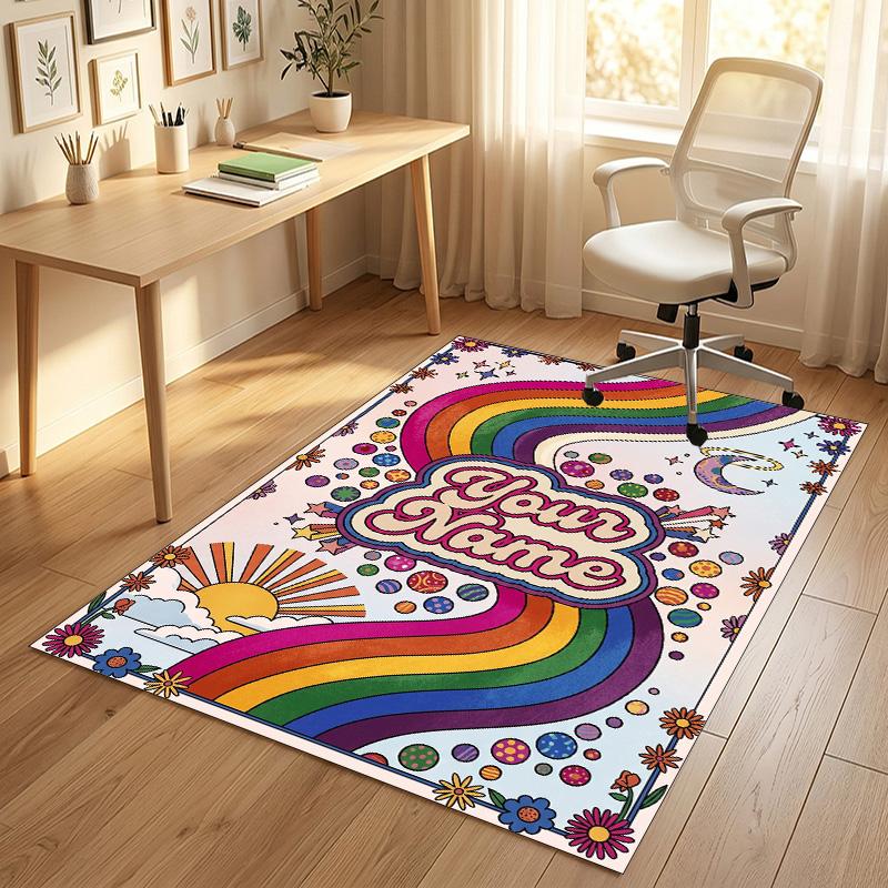 Rainbow Dreams Theme Soft Crystal Velvet Rug Custom Name & Text Print Non Slip Floor Rug for Bedroom Living Room