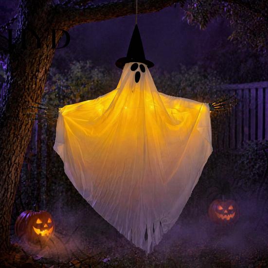 Haunted House Props Halloween Hanging Ghost with Witch Hat, Light Up Spooky Lighted Yard Outdoor Decor for Porch Tree, Scene Ornament Eerie Glow