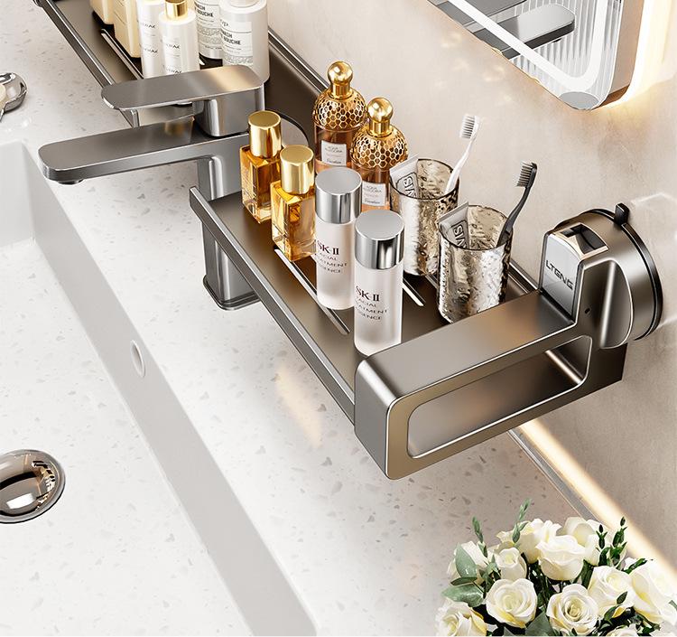 Wall-Mounted Bathroom Shelf with Mirror and Faucet Suction Cup Holder