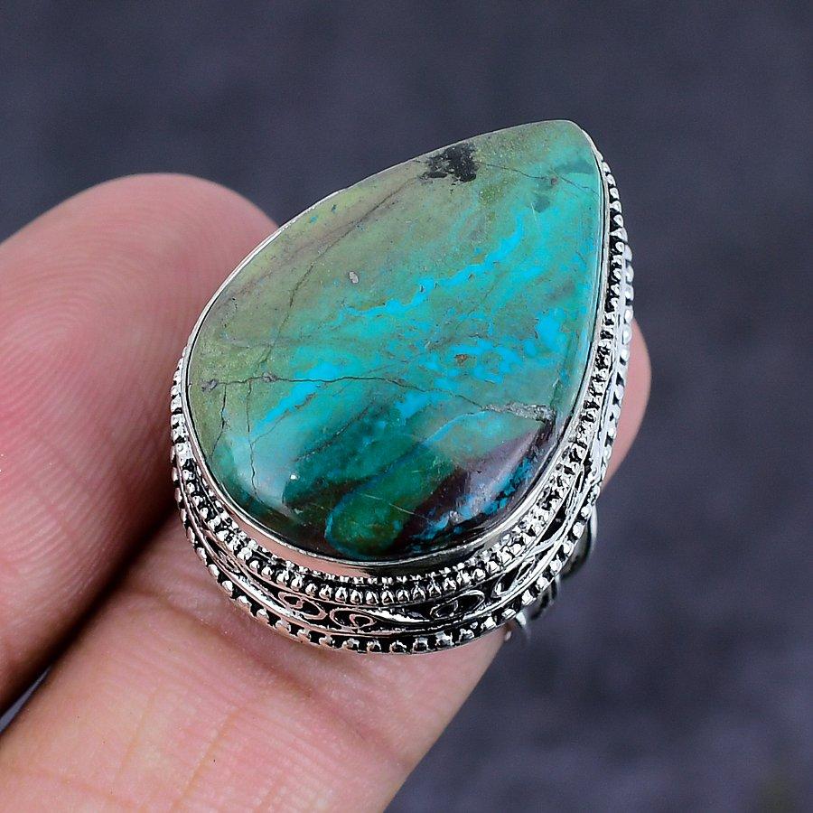 Natürlicher Chrysokoll-Edelstein, 925er Sterling-Silber, Schmuckring, Größe 7, c4a63