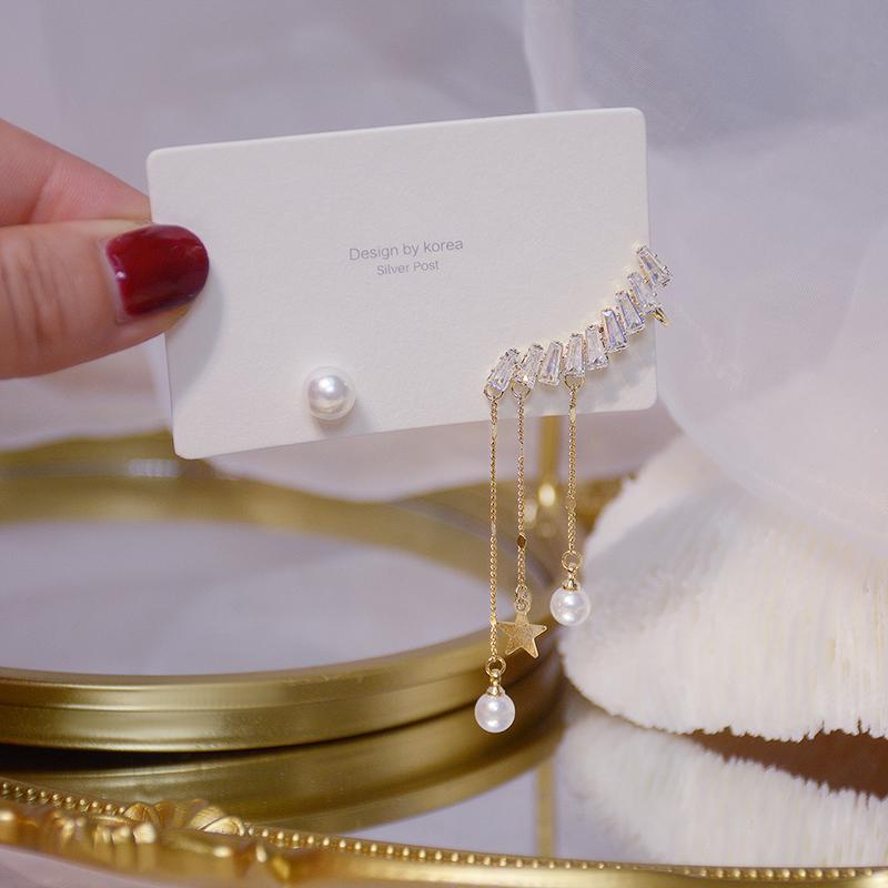 Korea Fashion Jewelry 14K Real Gold Plating Copper Inlaid Zircon Earrings Asymmetric Pearl Tassel Women's Wedding Prom Earrings