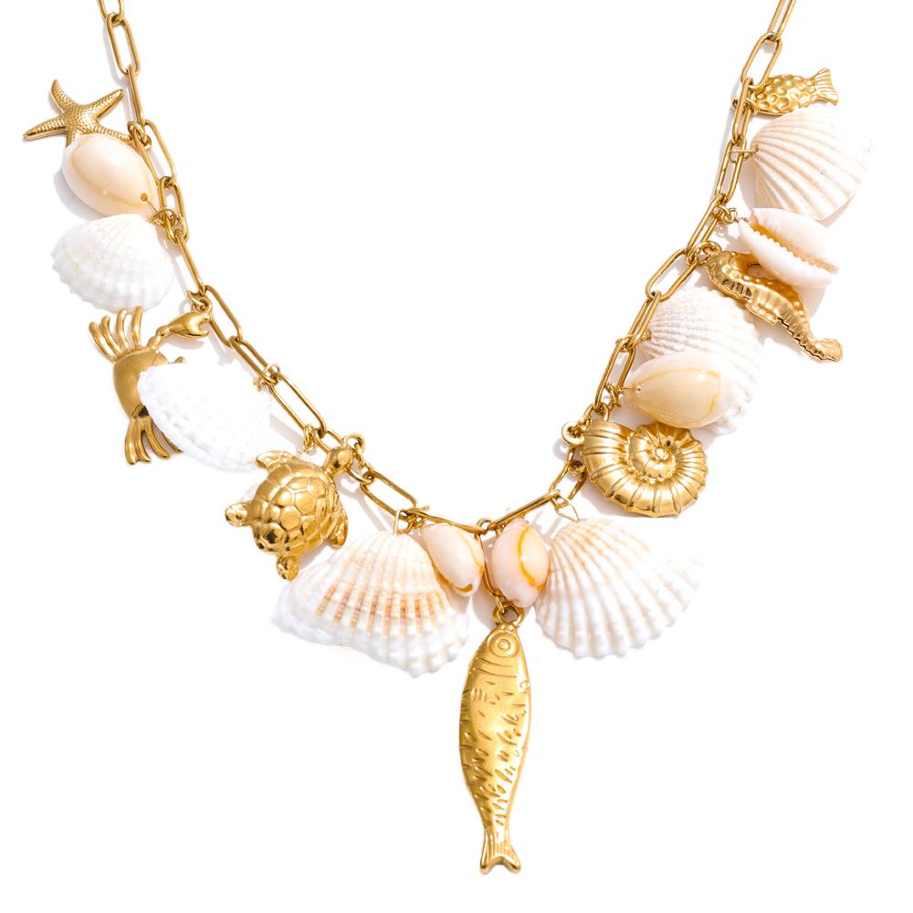Yhpup Ocean Style Shell Conch Fish Pendant Charm Necklace Summer Stainless Steel Holiday Beach Wear Handmade Jewelry Waterproof