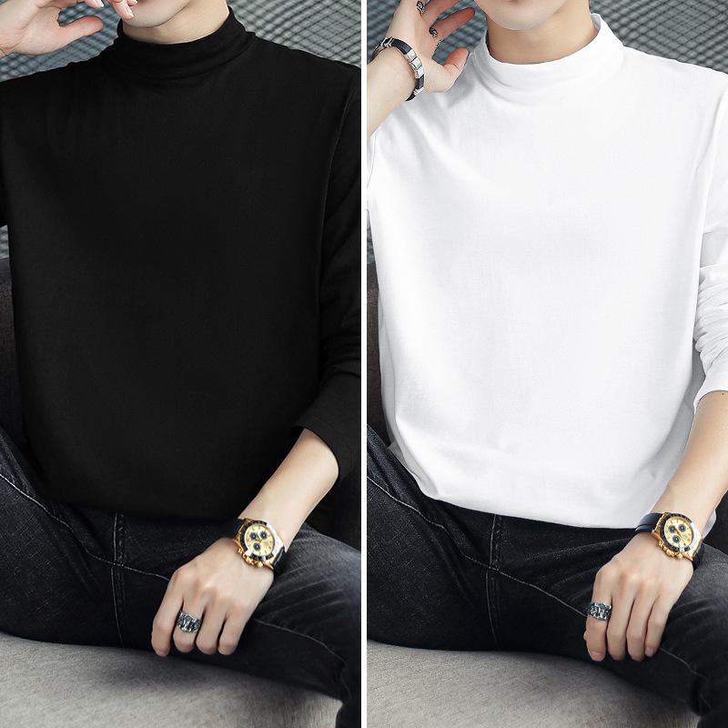 Men's Long Sleeve Cotton T-Shirt, Semi-High Neck, Solid Color Base Layer for Autumn/Winter