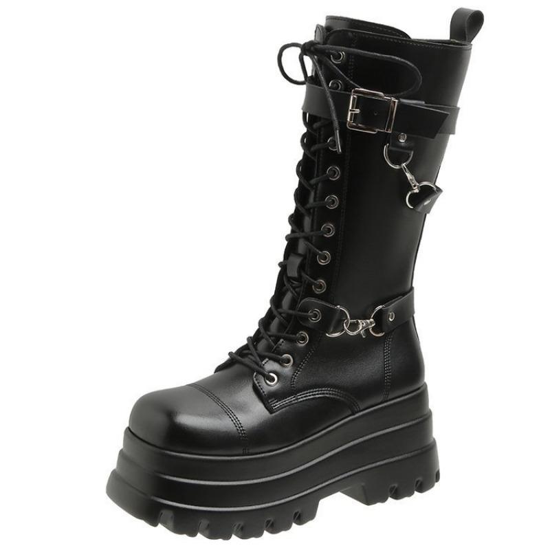Plus Autumn Women Boots Buckle Round Toe Wedges Platform Boots Punk Goth INS Women Street Shoes Combat Boots for Women