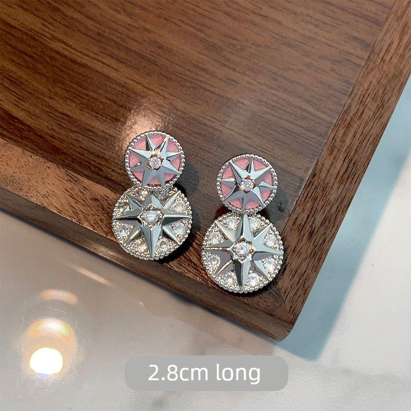 

D Home Compass Stud Earrings Female 925 Silver Niche One Dual-Wear Eight Awn Star Earrings Zircon round Fancy Ear Rings 1# powder compass