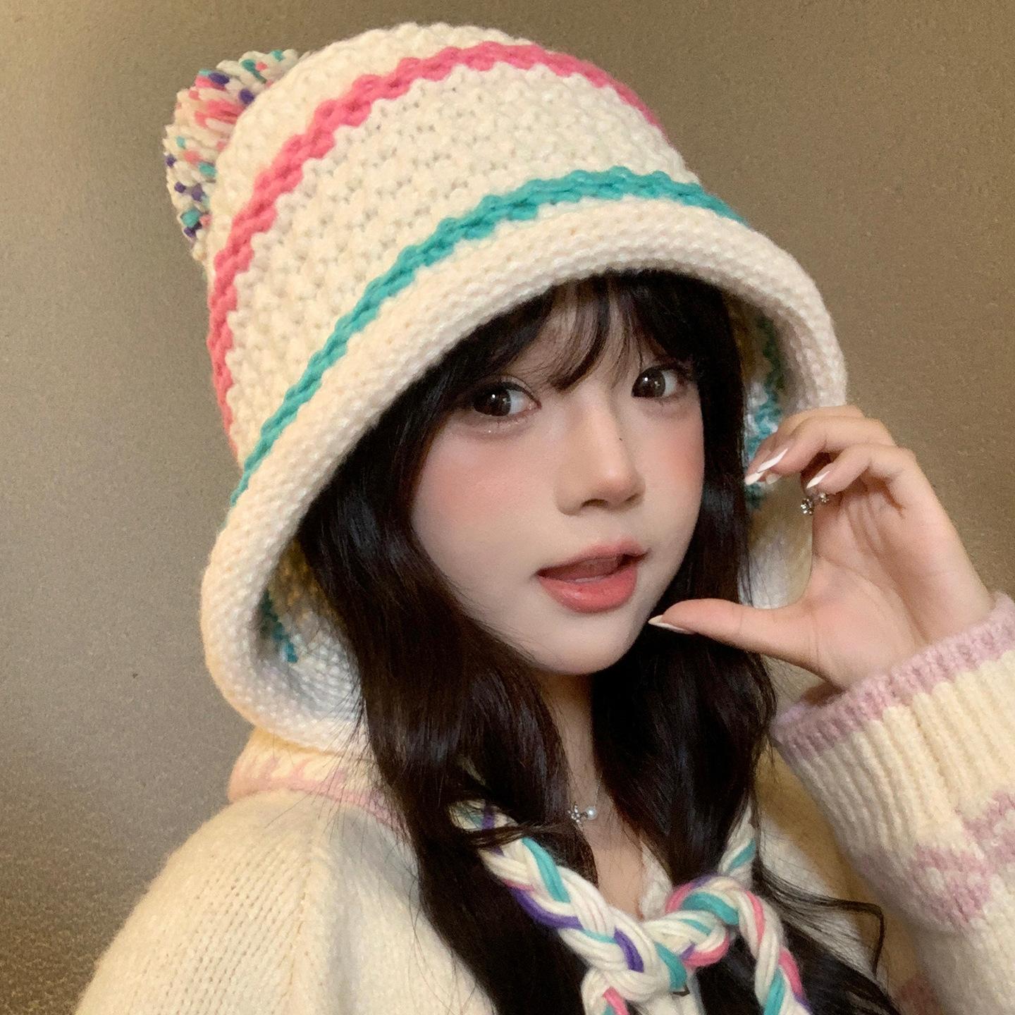 

Striped Knitted Hat Women s Autumn and Winter Warm Ear Protecting Headband Cap Versatile Woolen Cap for Students 56-62CM