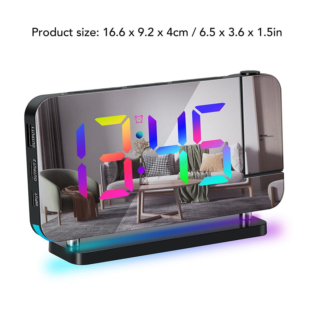 Projection Alarm Clock for Bedroom 7 inch RGB Colorful LED Digital Clock with Mirror Surface 6 level Brightness Dimmer
