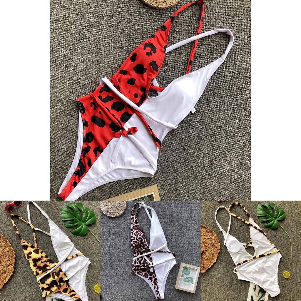 Luxurious Leopard One Piece Bikini Bathing Patchwork Padded Deep V Bandage Halter Swimsuit