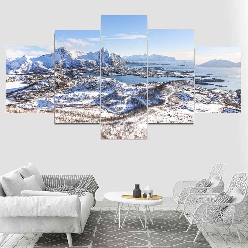 

5Panels Landscape Lofoten Canvas Painting Winter Northern Lights Posters Mountain Prints Wall Art Pictures Home Decor No Frame 20x35 20x45 20x55CM