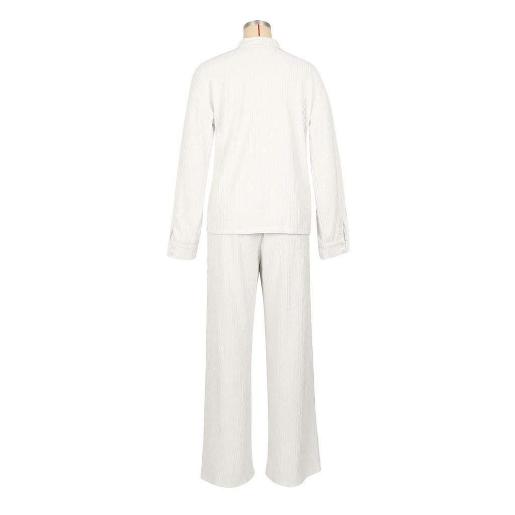 Women's Two-Piece Set: Long Sleeve Pleated Casual Shirt & Elastic Waist Straight Leg Pants