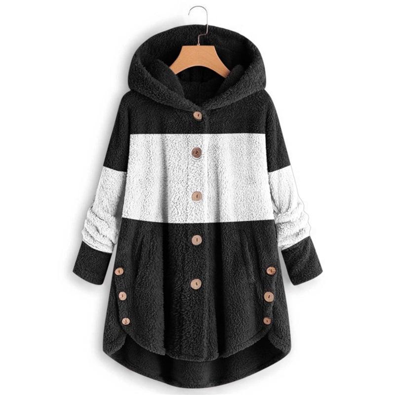 Women's Two-Tone Fleece Coat Hooded Button-Up Winter Warm Jacket