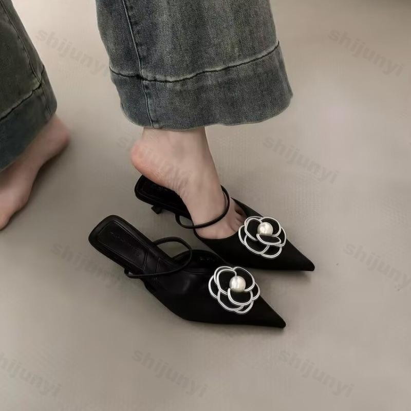 Fashion Woman Flower Pointed Toe High Heels Women Female Summer Elegant Fashion Pumps Flower Mule Slippers Women Luxury Designer Sandals