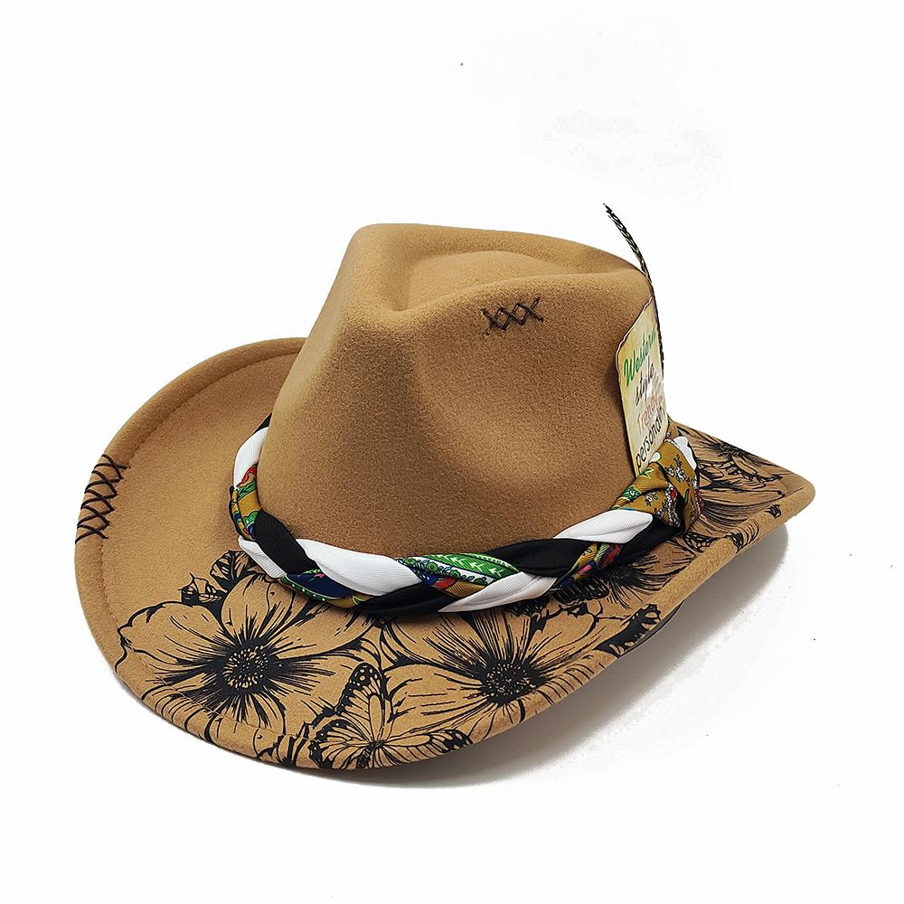 Printed Fedora Western Cowboy Hat Flower Painted Jazz Hat Men and Women Cowboy Hat Wide Brim Fashion Hat Feather Accessories