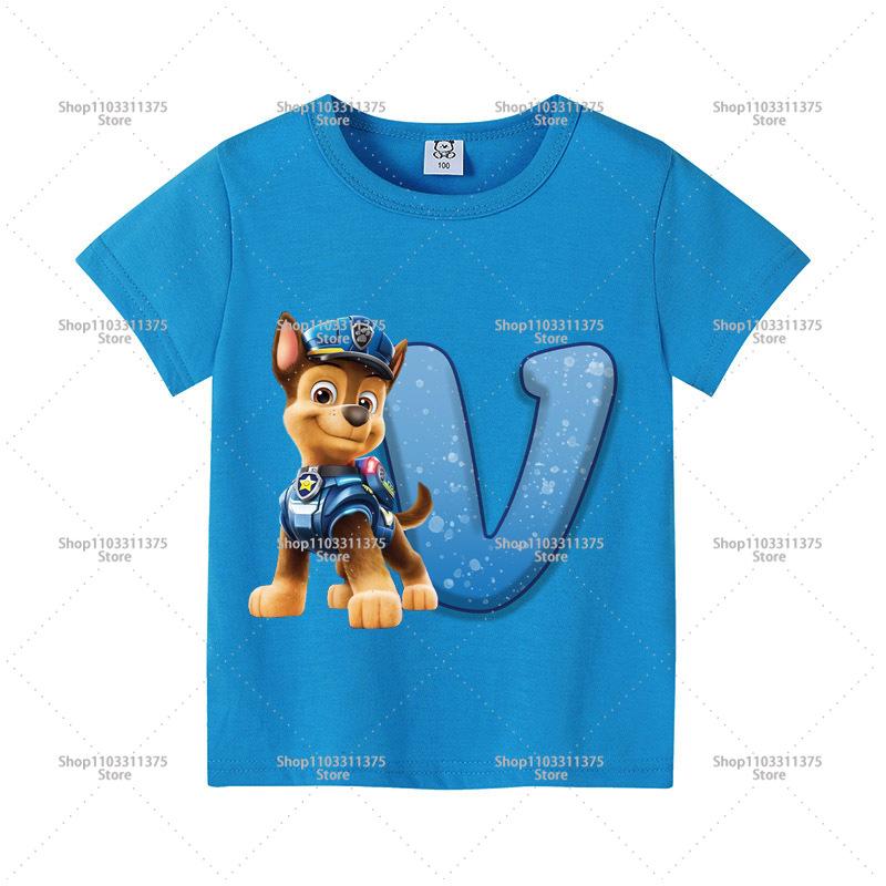 Cute PAW Patrol Blue T-shirt Boys Clothes Letter A-Z Printed Short Sleeve Cartoon Fashion Kids Birthday Toddler Cotton Tops Gift