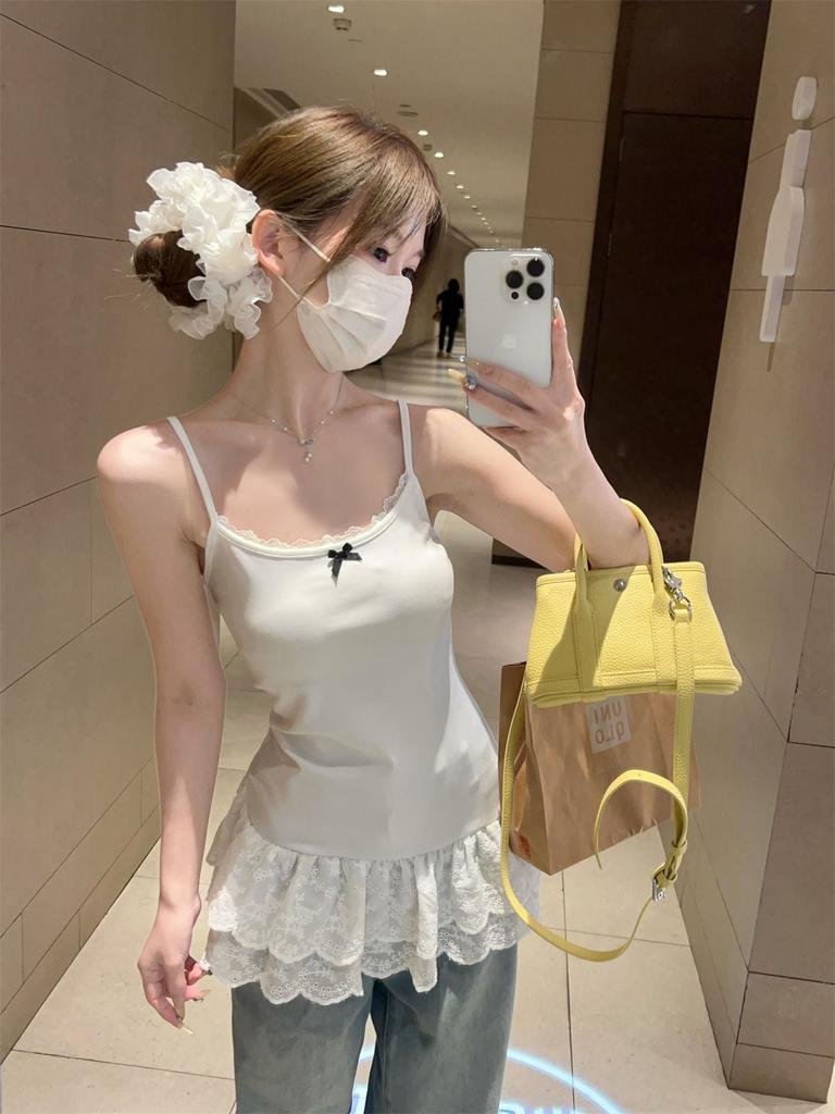 Pure desire bow white lace hem splicing sling vest femininity slim fit inner top summer