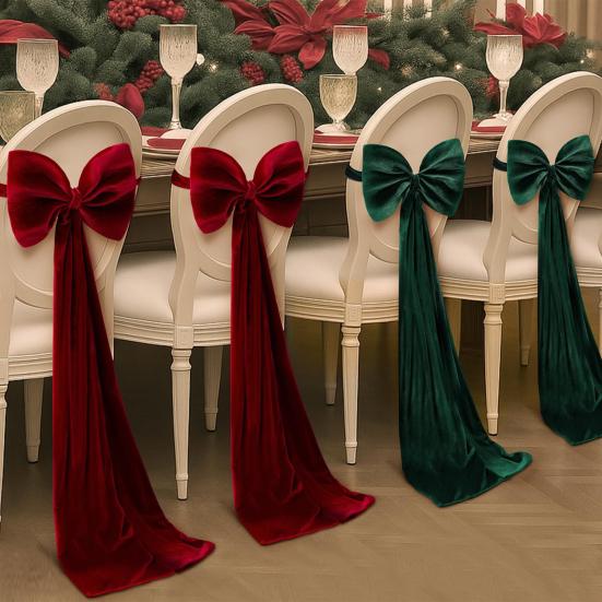 Christmas Chair Sashes Bows Large Velvet Chair Cover Back Tie Supplies for Christmas Banquet Home Wedding Event Holiday Party Decor