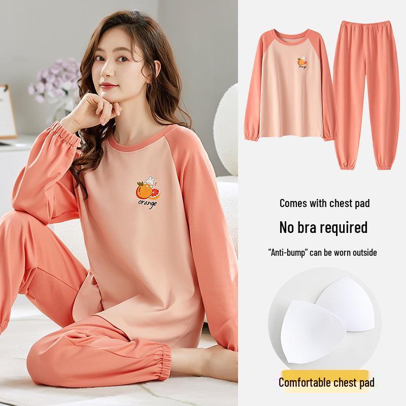2025 Women's Long Sleeve Cotton Pajamas with Cartoon Design & Breast Pads - Versatile for Home or Outdoor Wear In Spring, Autumn, and Winter.