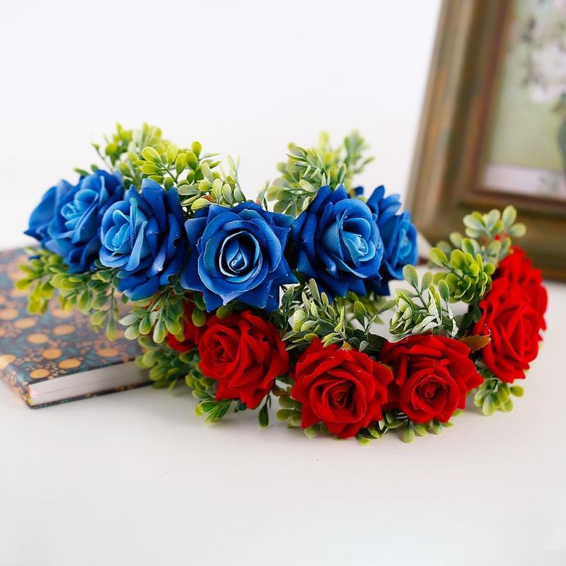 Adjustable Floral Garland Handmade Rose Flower Wreath Headband with Ribbon for Wedding Festival Travelling Photo Props