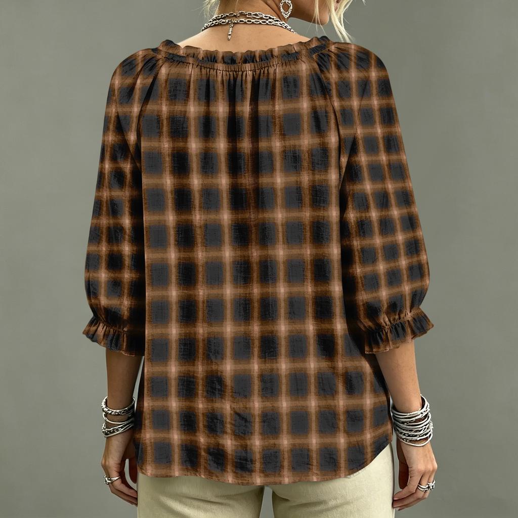 Women's Plaid Print V-Neck Blouse with Ruffle Trim, Tie Front and for Casual Wear