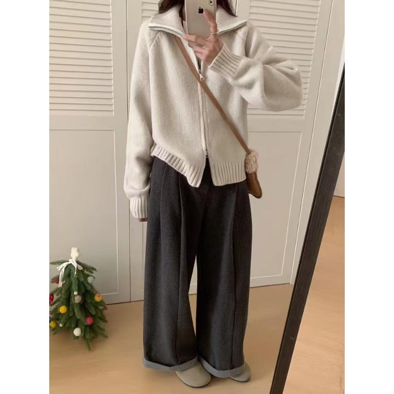 

Женский вязаный кардиган на двойной молнии с лацканами, новый осенне-зимний, со стойкой, в ленивом стиле, свободный, универсальный, куртка-свитер, толстый One size