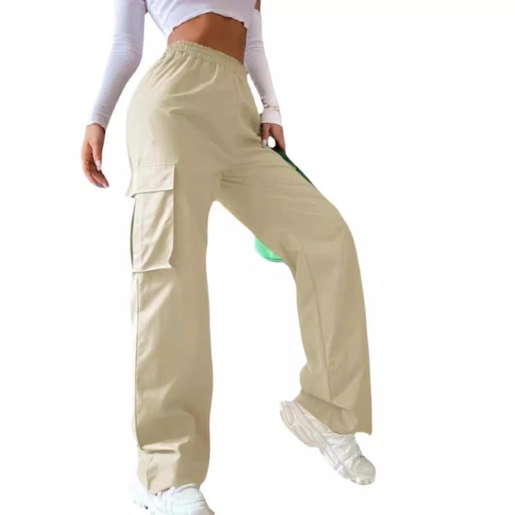 Women's Spring and Summer Solid Color Elastic Waist Flip Pocket Work Pants
