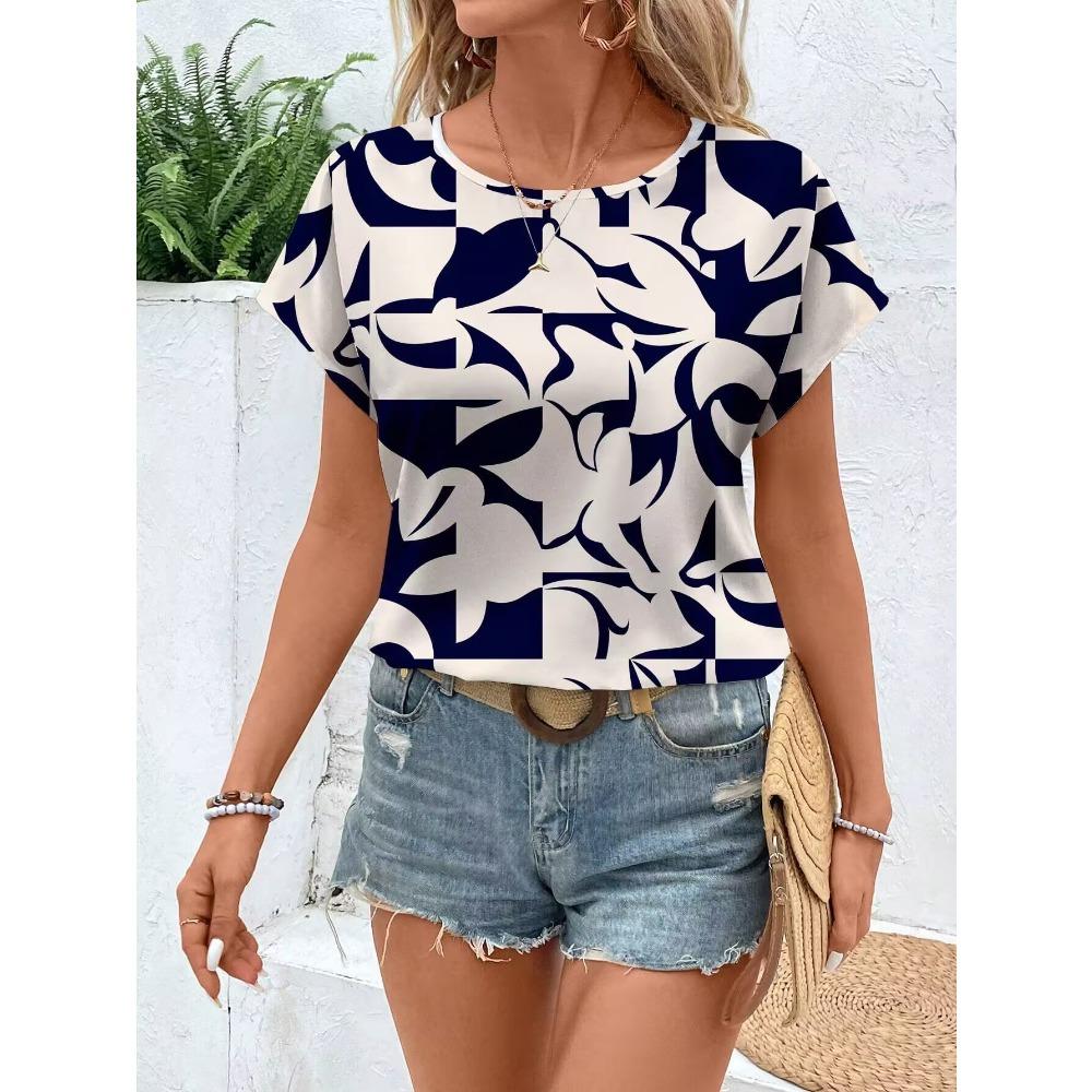 

Casual Women Abstract Print Crew Neck T Shirt Short Sleeve Loose Fit Tee Shirt Summer Daily Wear Tops M