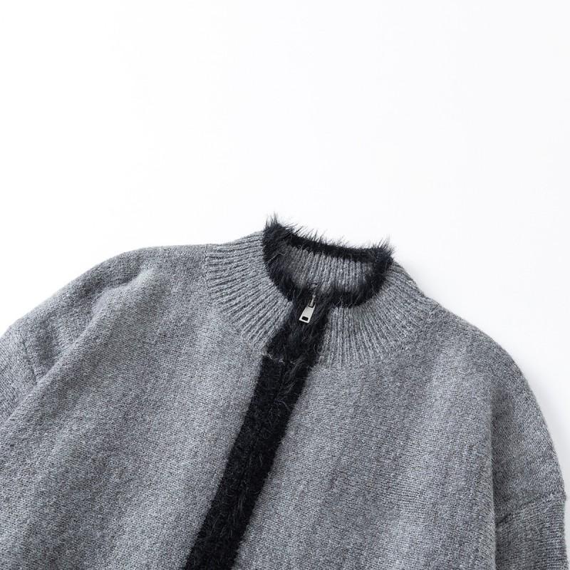 Mens Oversized Fleece-Lined Acrylic Knit Cardigan With Zipper Stand Collar Streetwear Winter Sweater