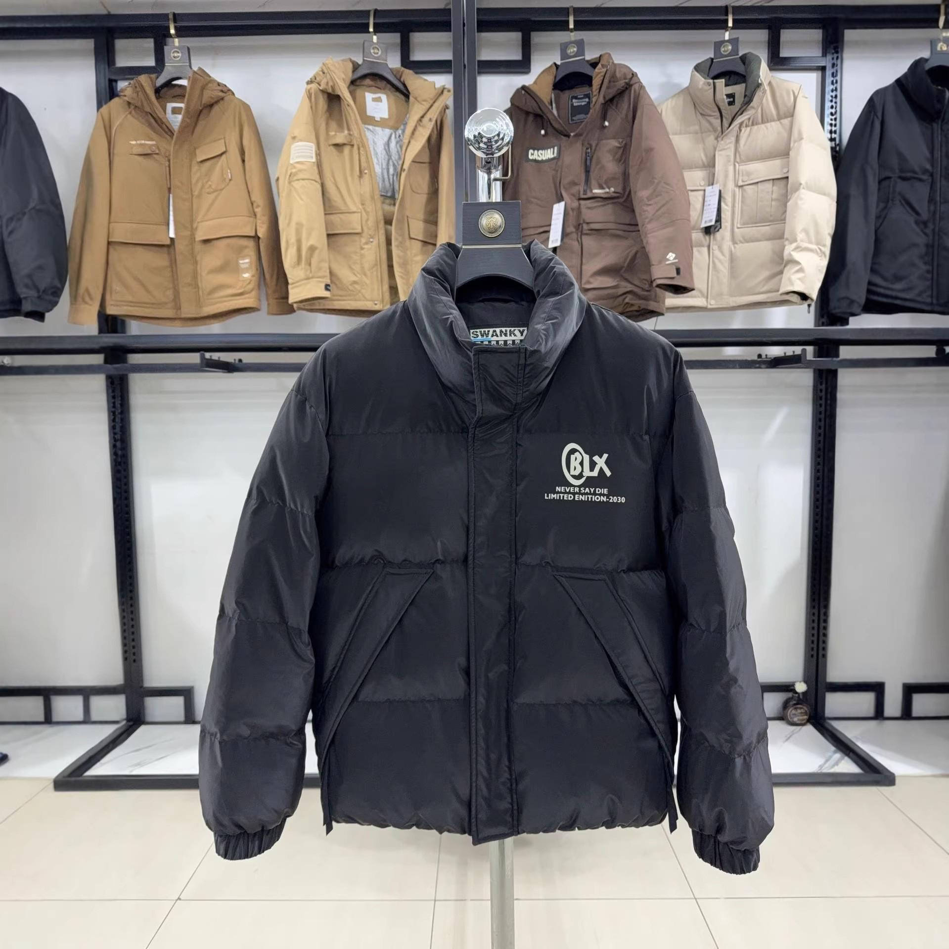 

Men s Black Stand Collar Casual Down Jacket - Warm, Fashionable Duck Down Coat (Style 4U683) 190 (175-190 lbs) чорний