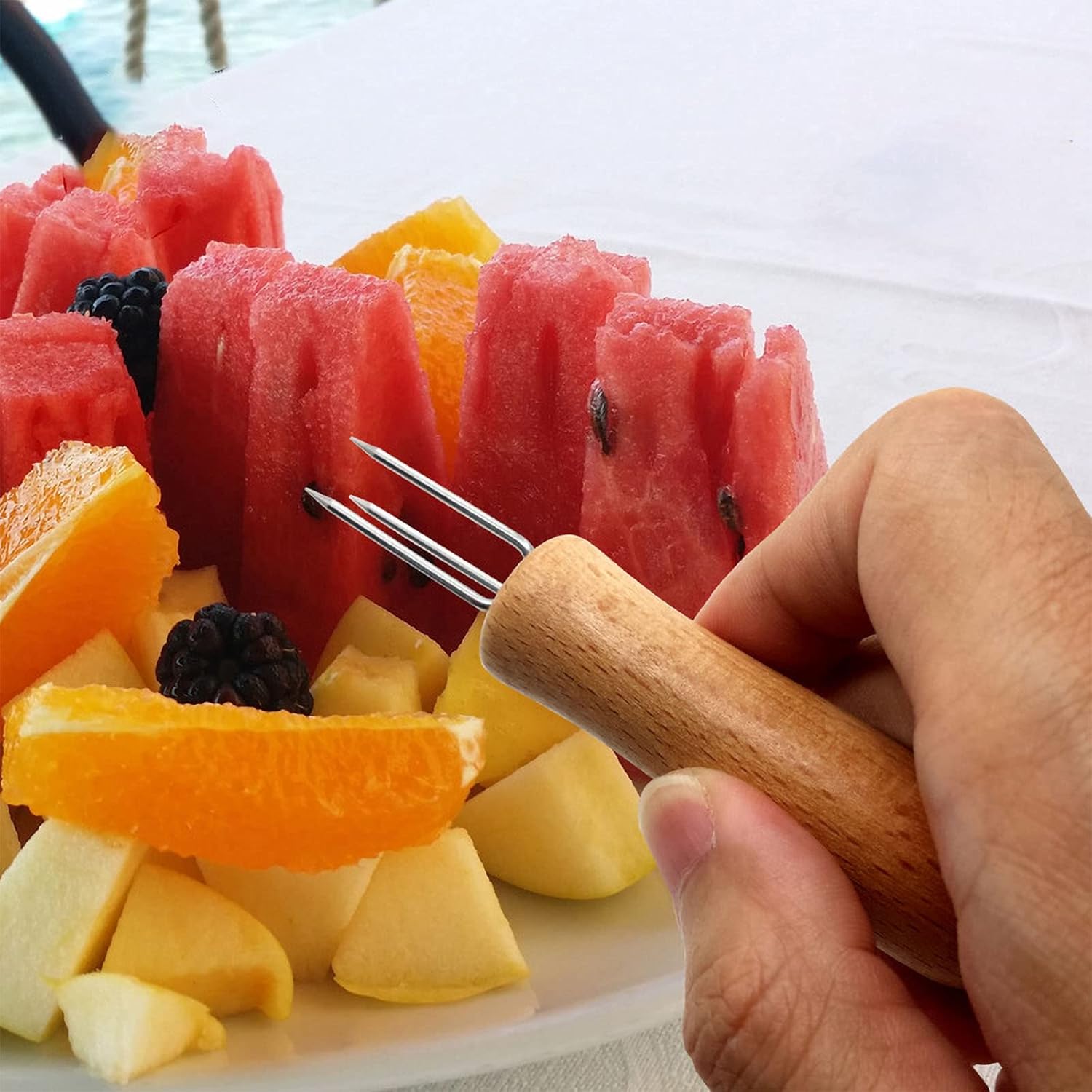 

Держатели для кукурузы из нержавеющей стали с деревянной ручкой, Держатели для кукурузы в початках, Фруктовые вилки для домашней кулинарии и барбекю, Готовки, Пикников, Вечеринок и Кемпинга,