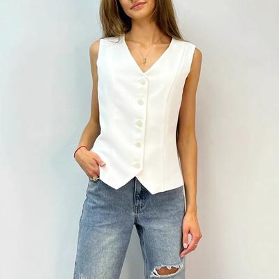 Sommer V-Ausschnitt Weste Damen Pendler Mode, Tragen einer geknöpften einfarbigen Weste und atmungsaktiven Oberteils