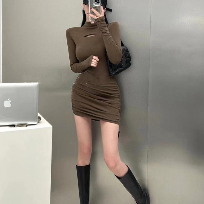 Sweet Spice Girl Black Long Sleeve Dress Women's Autumn and Winter New Waist Bottom Short Skirt Pure Desire Wind Hip Wrap Skirt
