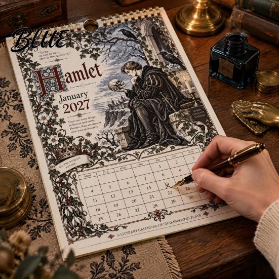 Classical Literature Aesthetic Organizer 2027 Wall Calendar Vintage Illustrated Hanging Calendar with 12 Plays Through Romance Collectible