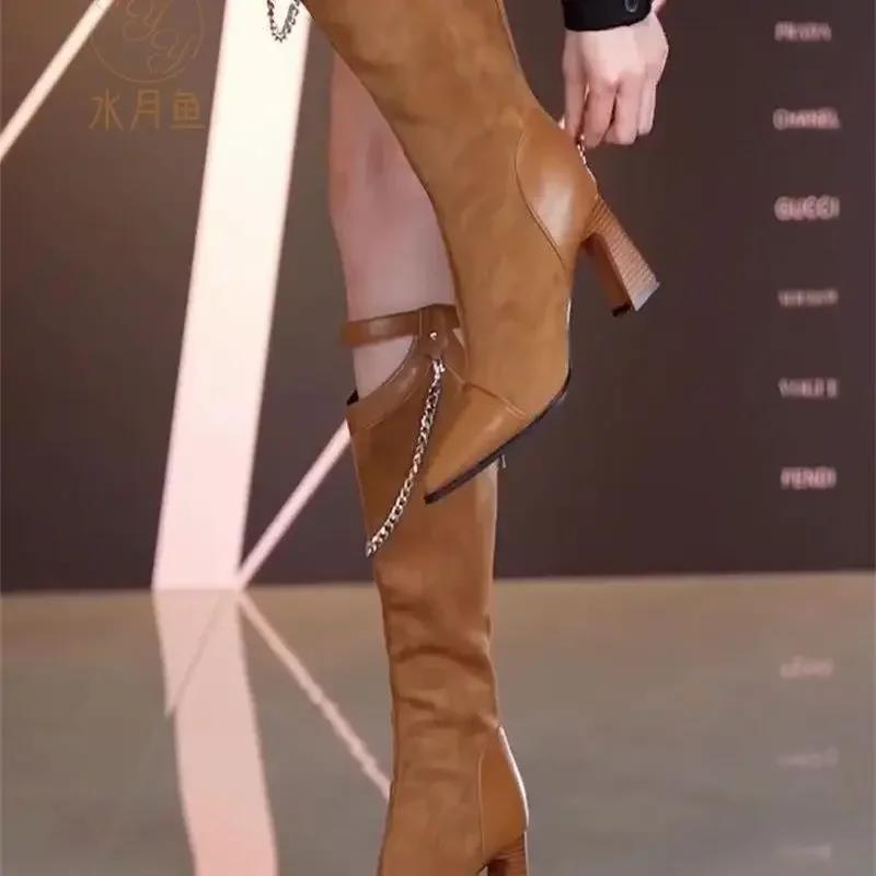 Middle Heel Ladies Knee High Shaft Shoes New In Large Size Warm Footwear Designer Luxury Spring Autumn 2024 Women's Long Boots
