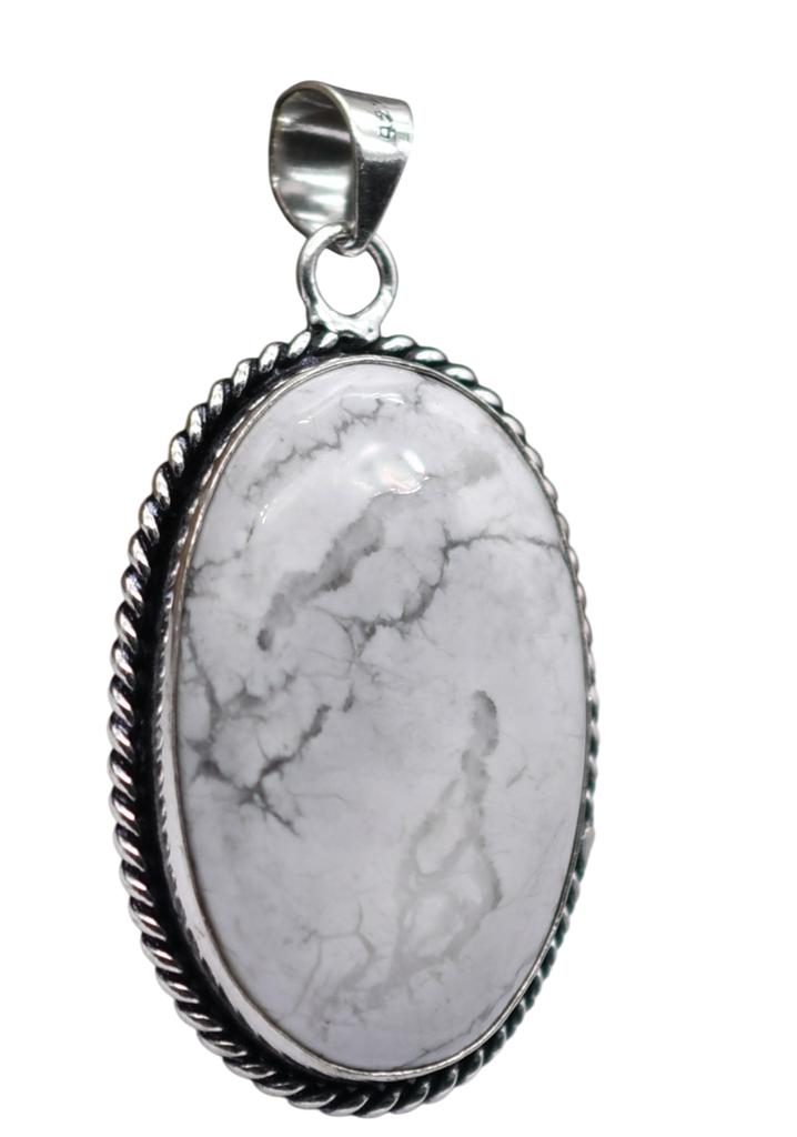Howlite Natural Gemstone Antique Silver Plated Pendant 2" J 1623