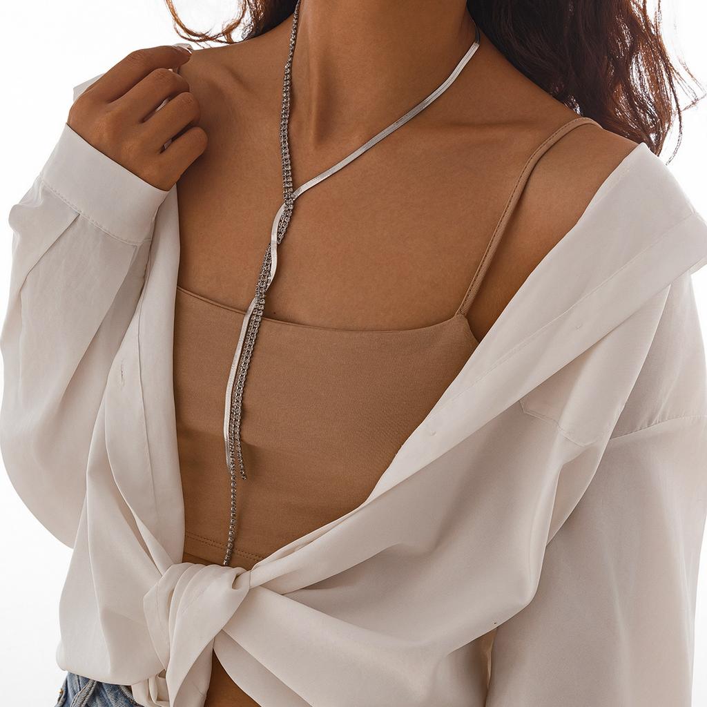 Hip-Hop Snake Bone Woven Chain Necklace, Personalized Contrasting Color Winding Rhinestone Chain Fringed Necklace