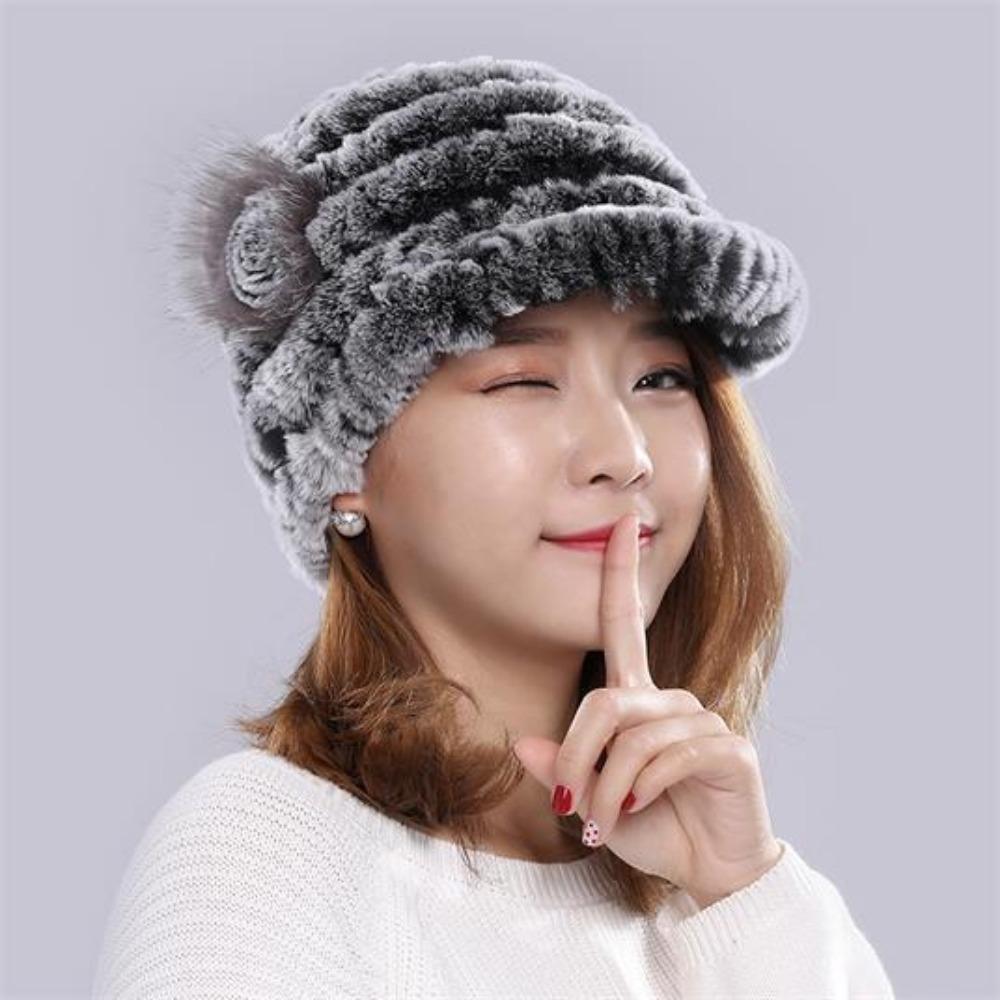 Autumn and Winter Rex Rabbit Fur Duckbill Hat with Rose Side Flower Women's Fox Fur Hat Knitted Warm Thick Fashion Hat with Brim
