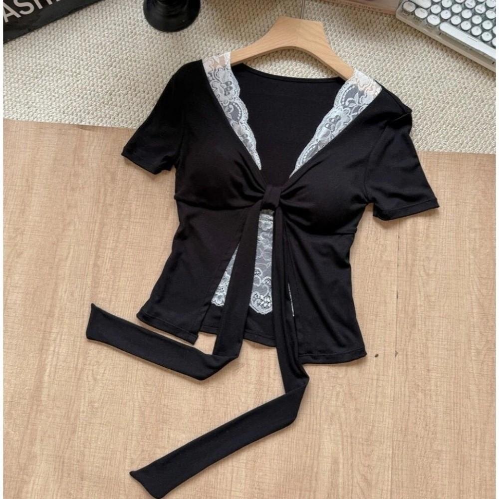 Lace Trim Knot Lace Top Chest Pad Lace-up Slim Top Sweet False Two-Piece Top  Outerwear чёрный