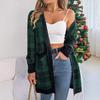QICED Autumn and Winter Casual Color-blocking Checkered Pocket Long-sleeved Cardigan Sweater Jacket for Christmas Women's Wear
