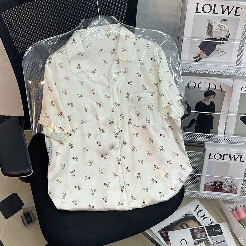 Ice Silk Pajamas Women'S Summer Suit Short-Sleeved Thin Simple Small Fresh Girl Loungewear