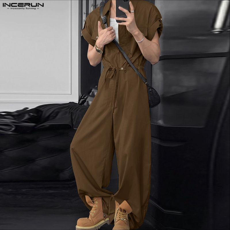 INCERUN Men Short Sleeve Zip-up Jumpsuits Casual Long Cargo Rompers Overalls