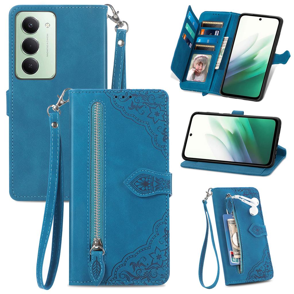 For Xiaomi Redmi 15 5G (Global) (169mm) Zipper Wallet Case with Strap Flower Imprint PU Leather Phone Cover