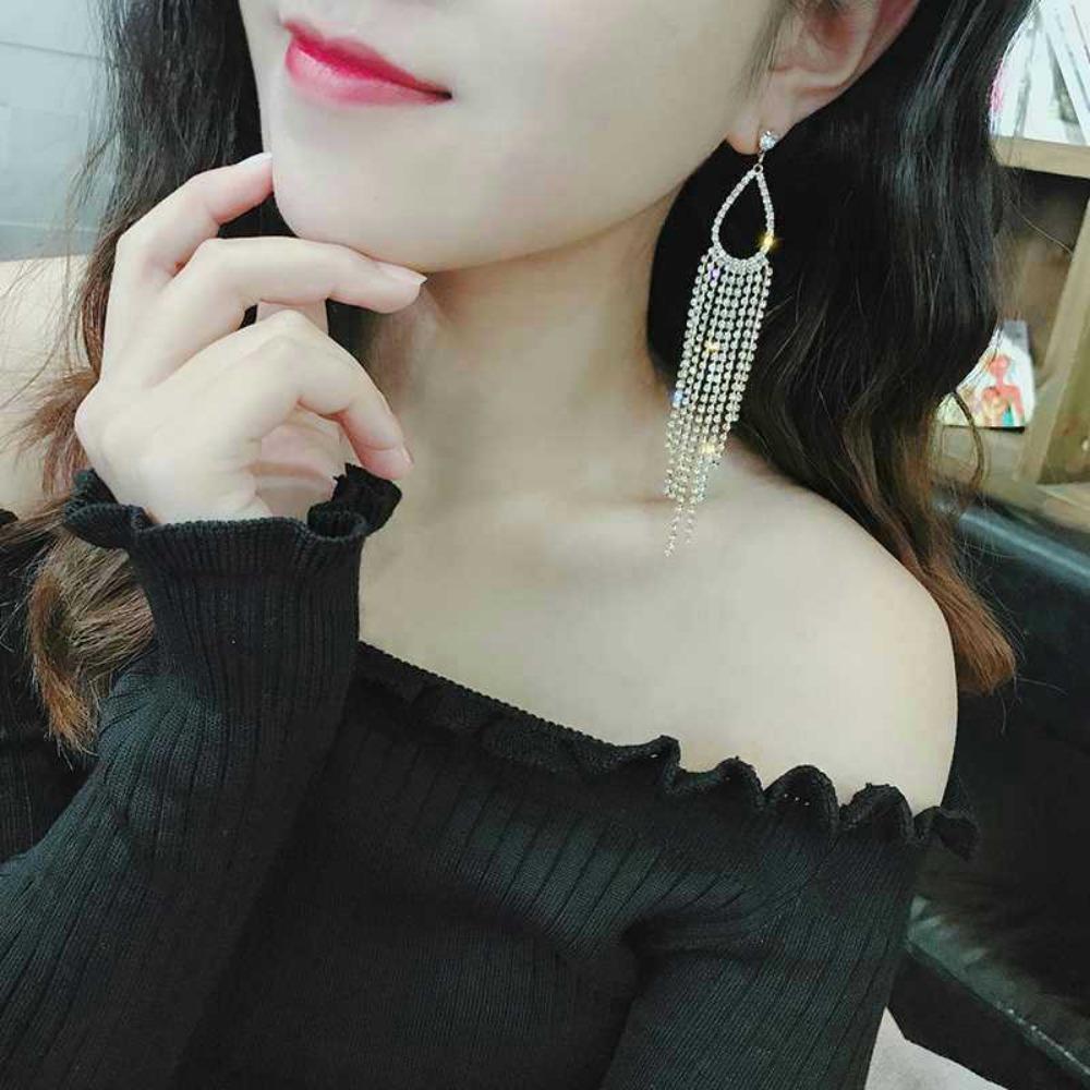 

Korea Temperament Sparkling Full Rhinestone Long Tassels Hollowed-out Teardrop-shaped Dangle Earrings for Women Designer Jewelry золотой